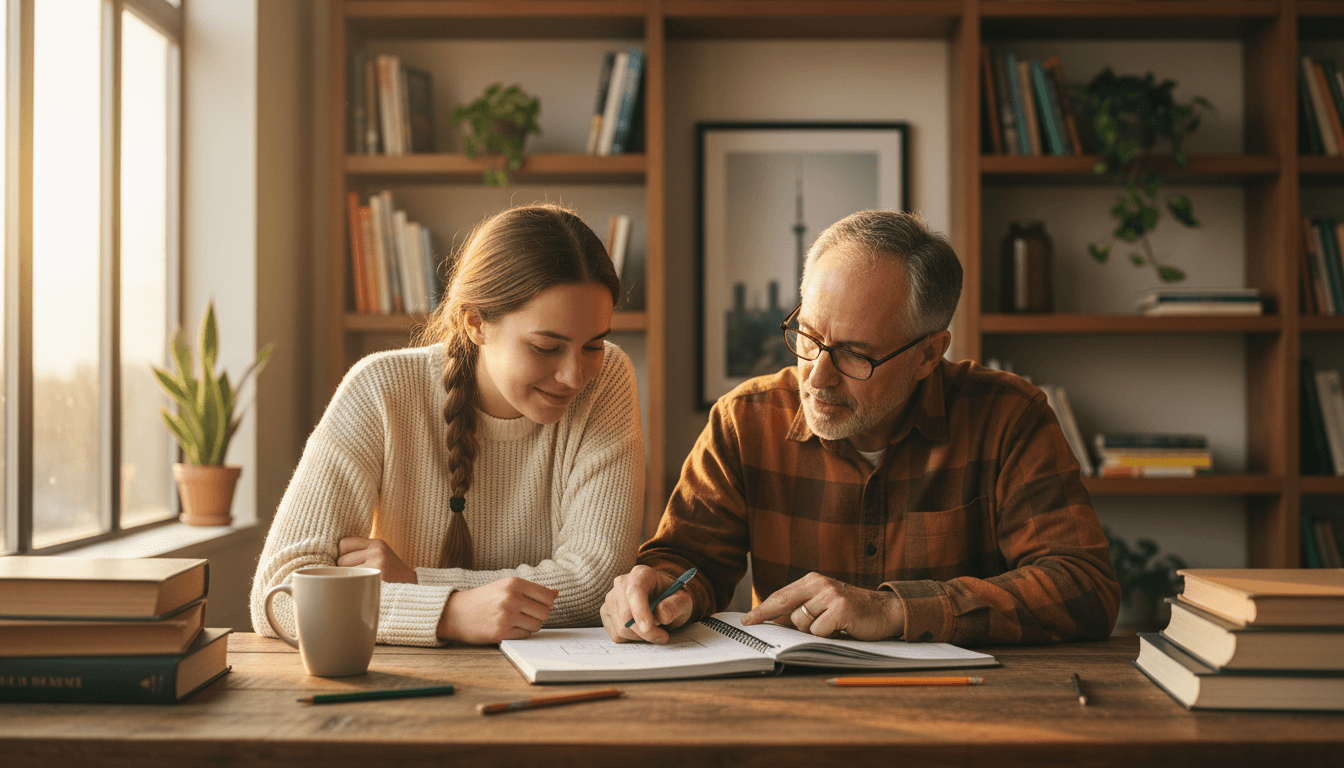 Tutor and student working together at a table in a bright study space