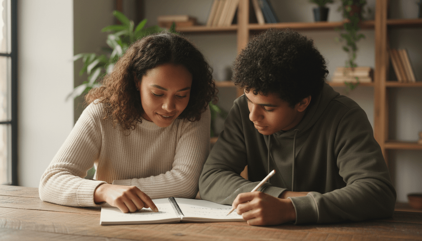 Tutor sitting beside a student and working through a math problem together