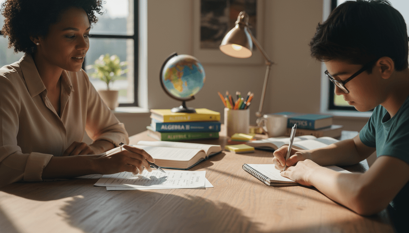 Tutor helping a student with homework at a table in Toronto