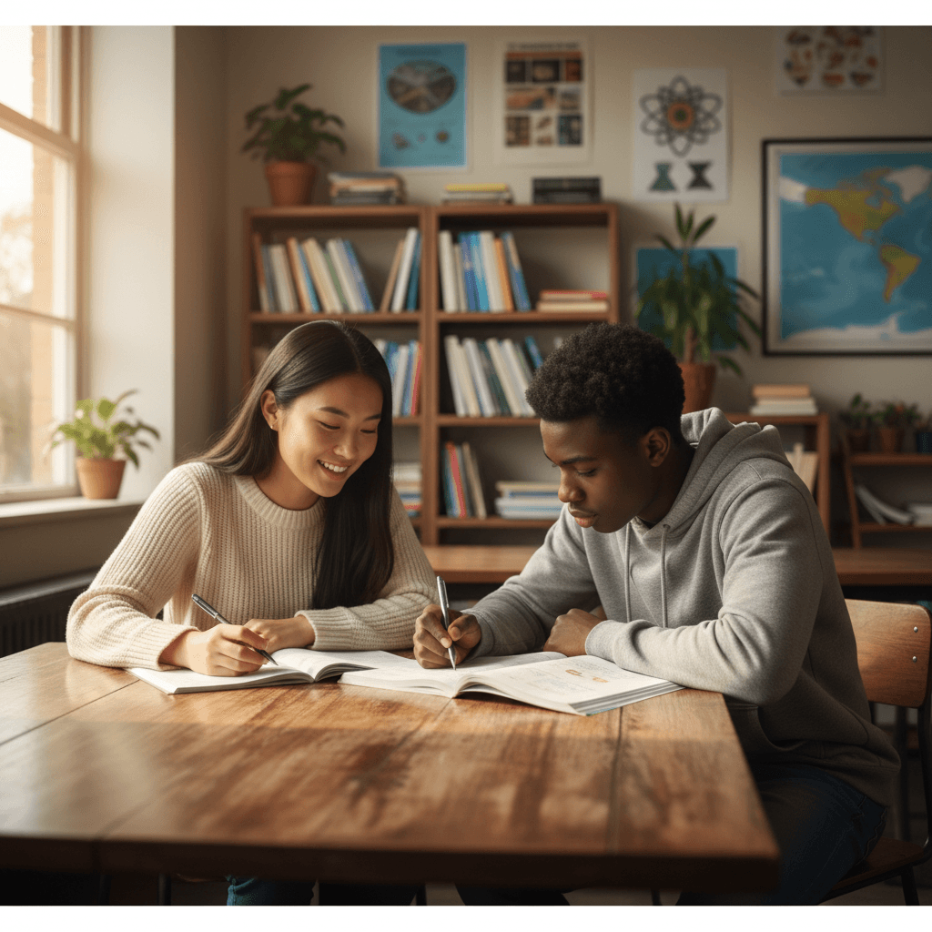 Tutor guiding a student through a lesson at a table in a bright study space