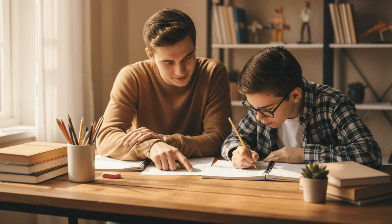 Student writing in a notebook during a tutoring session in a cozy study space